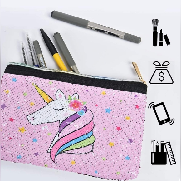 WERNNSAI Unicorn Makeup Bag - Reversible Sequin Bag Sparkly Pink Zipper - Picture 4 of 4